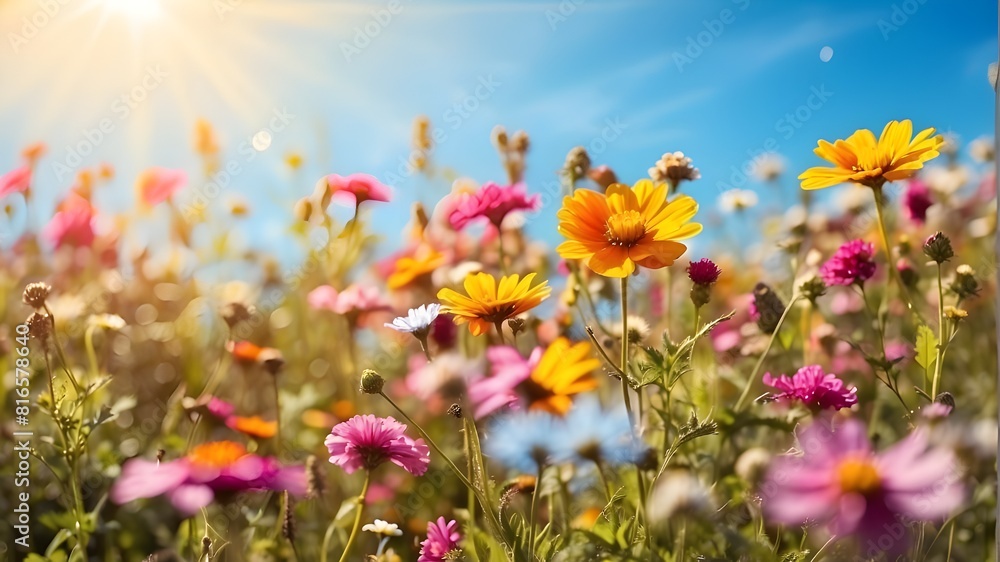 Colorful flower meadow in summer with sunbeams, a blue sky, and bokeh lights - nature background banner with copy space - wildflowers and spring theme - summer greeting card Colorful flower meadow in summer with sunbeams, a blue sky, and bokeh lights - nature background banner with copy space - wildflowers and spring theme - summer greeting card