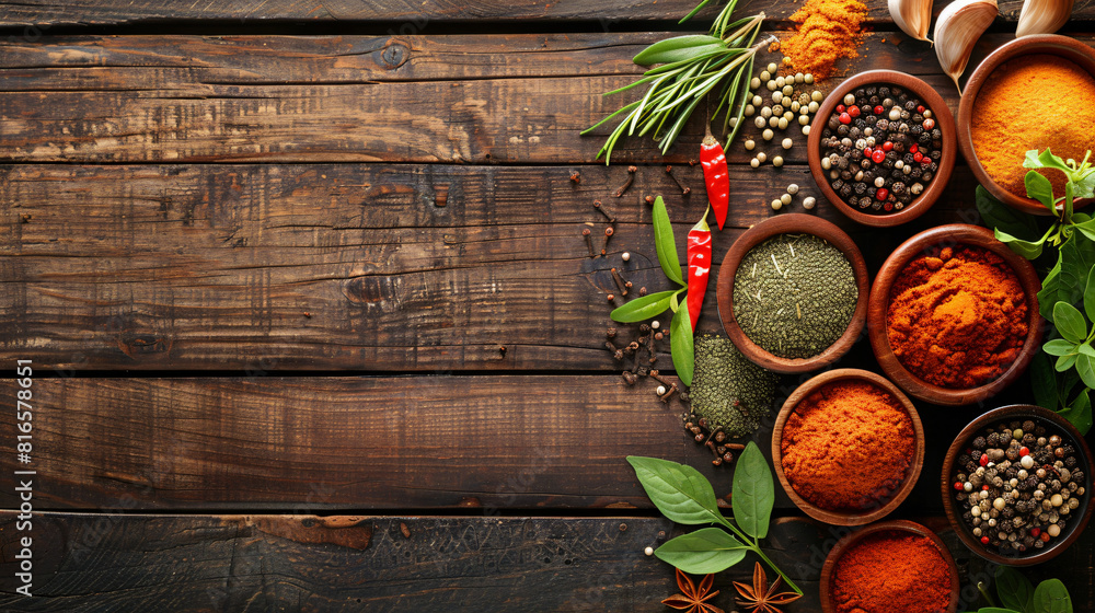 Different spices and herbs on dark wooden background -