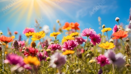 Colorful flower meadow in summer with sunbeams  a blue sky  and bokeh lights - nature background banner with copy space - wildflowers and spring theme - summer greeting card