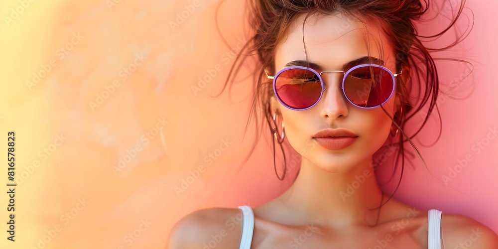 Abstract portrait of woman in purple sunglasses against vibrant summer background. Concept Photography, Portrait, Abstract, Woman, Summer Abstract portrait of woman in purple sunglasses against vibrant summer background. Concept Photography, Portrait, Abstract, Woman, Summer