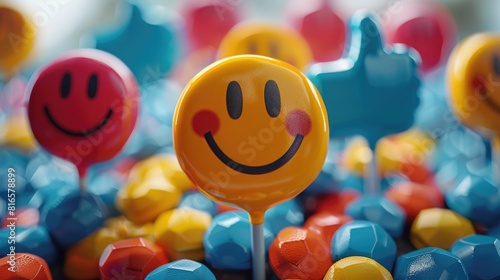 Delighted Smiley Face with Positive Symbols and Colorful Emoticons Floating Around