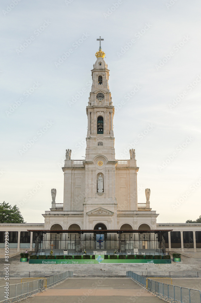 Facade of Sanctuary of Fatima, Portugal. Important Marian Shrines and pilgrimage location in the world for Catholics