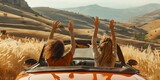 Two girls in red car driving through valley with hands up. Concept Adventure Photography, Friendship Moments, Road Trip Memories