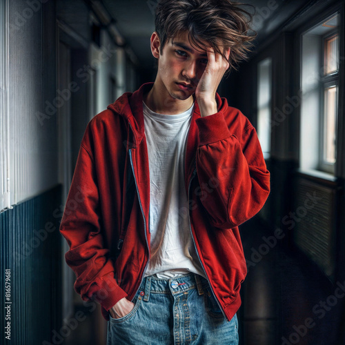 arafed boy in a red jacket and blue jeans standing in a hallway, portrait of depressed teen, shutterstock, in school hallway, stock image, istock, stockphoto, stock photo, teenage boy, teen boy, fotog photo