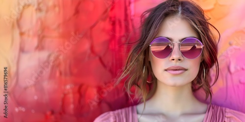 Vibrant summer background with abstract portrait of woman in purple sunglasses. Concept Summer Photoshoot, Abstract Portrait, Vibrant Background, Purple Sunglasses, Woman Portrait