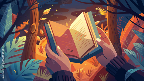 Enchanted Forest Reading: Magical Book Illumination Among Autumn Leaves. Book Lovers Day