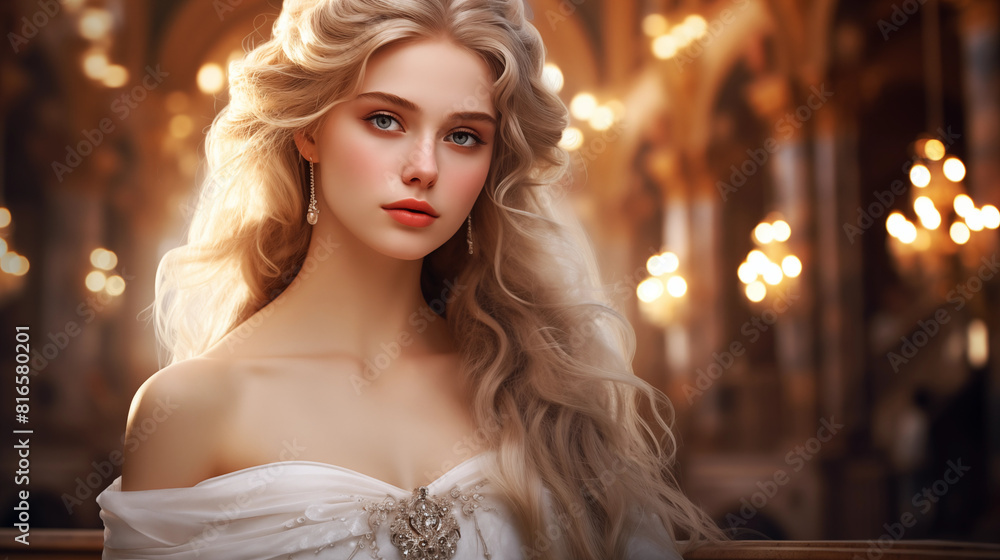 Beautiful young woman with long golden hair wearing a white evening dress In the event hall or palace Beautiful young woman with long golden hair wearing a white evening dress In the event hall or palace