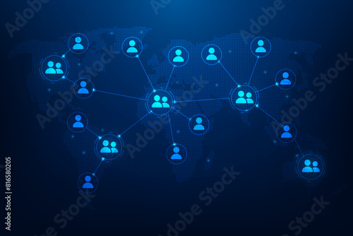 social network connection and communication people icon on blue dark background. global internet technology on map. human resources digital. vector illustration digital fantastic design.