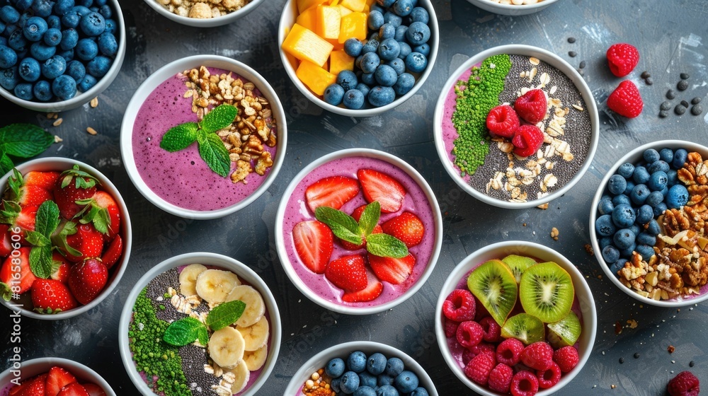 Nutrient packed Smoothie Bowls Bursting with Vibrant Fruits and Nourishing Superfoods for a Wholesome and Delicious Eating Experience Nutrient packed Smoothie Bowls Bursting with Vibrant Fruits and Nourishing Superfoods for a Wholesome and Delicious Eating Experience