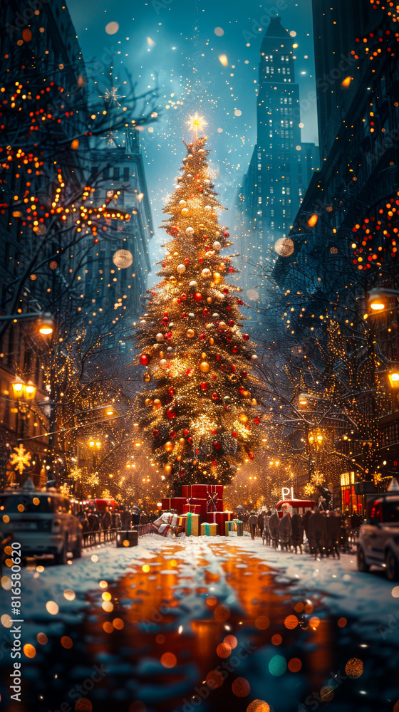 Illuminated Christmas Tree with Gifts in Bustling City
Illuminated Christmas Tree with Gifts in Bustling City