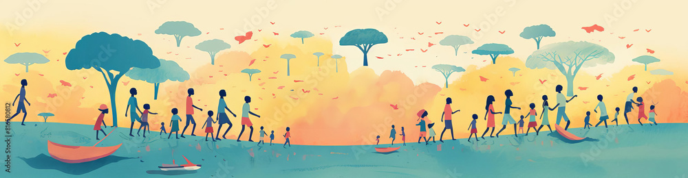 A group of diverse people walking together in a colorful and abstract landscape.