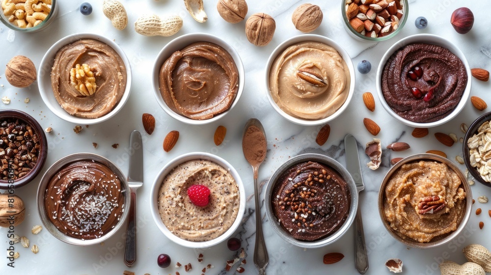 Assortment of Flavorful Nut Butter Spreads with Jars and Knives Displayed on a Wooden Surface Assortment of Flavorful Nut Butter Spreads with Jars and Knives Displayed on a Wooden Surface