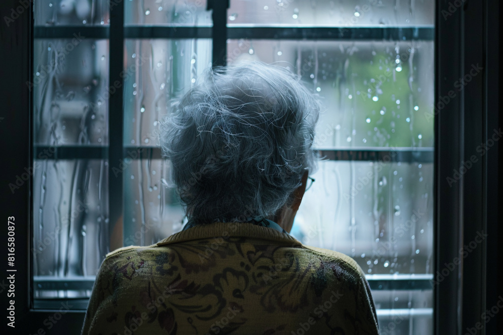 Lonely elderly woman with gray hair looking out of window, rainy weather outside Lonely elderly woman with gray hair looking out of window, rainy weather outside