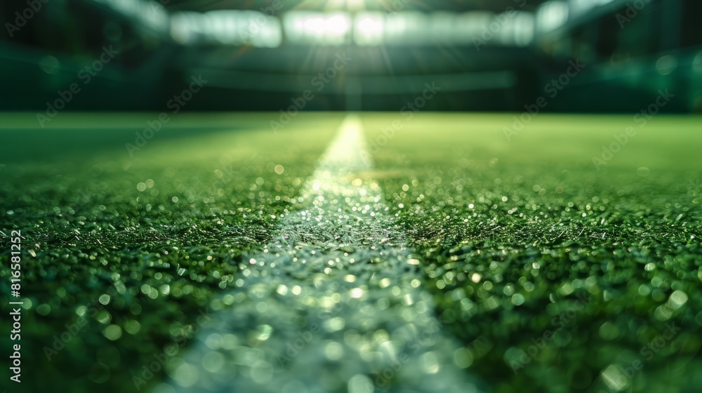 Naklejka premium Close-up on the textured green carpet of a dawn-lit tennis court, ready for the swift moves and strategic plays of a club tournament.
