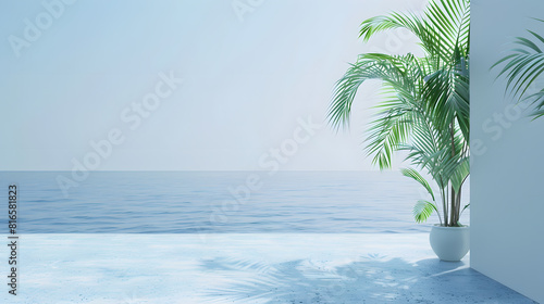 White wall with blue sea and palm leaves on background, summer vacation concept banner background