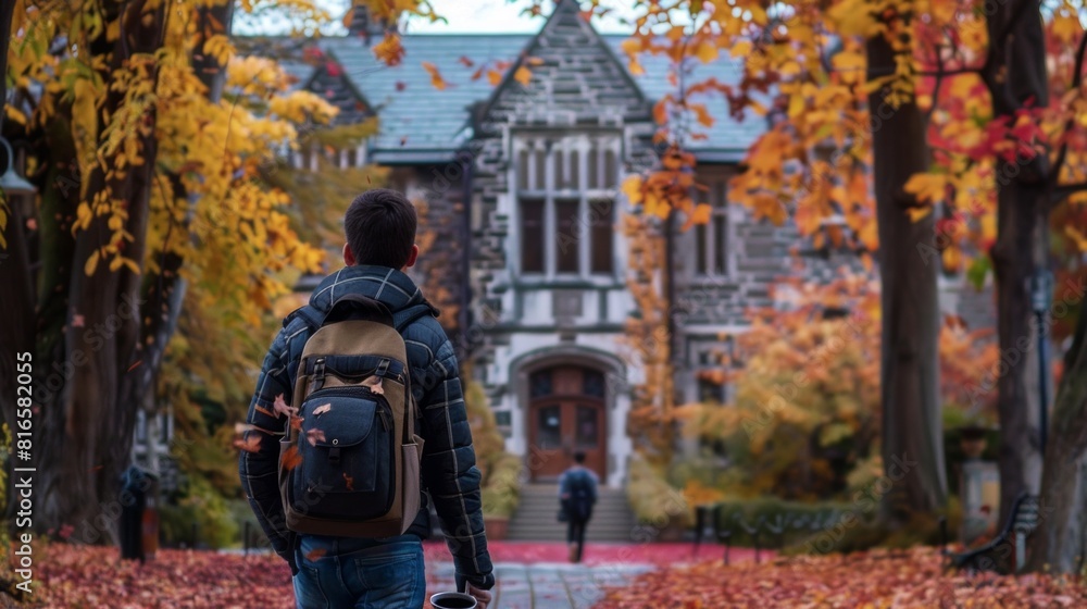 Fototapeta premium A college student walking across a beautiful campus in autumn