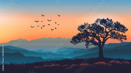 A silhouette of an oak tree against the backdrop of mountains at sunset  with birds flying in the sky