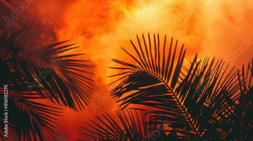 The silhouette of a palm trees leaves against the sunset sky creates a stunning landscape. This closeup view highlights the beauty of this terrestrial plant in the Arecales order AIG50