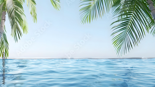 White wall with blue sea and palm leaves on background, summer vacation concept banner background