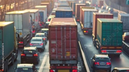Numerous trucks stuck in a traffic jam on a busy highway, causing delays and congestion