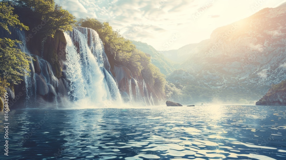 Conceptual image of purity with a crystal clear waterfall flowing into an untouched lake, pristine nature
