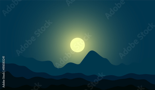 illustration design of mountain views at night with full moonlight
