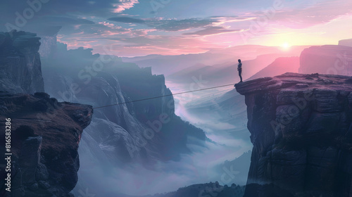 Conceptual image of risk with a tightrope walker between cliffs over a foggy valley, twilight photo