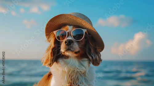 Dog in sunglasses and a round hat against the background of the sea © Ruslan