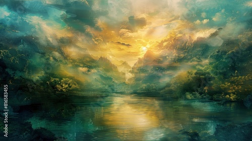 watercolor  digital art  fantasy landscape with golden light  river and sky 