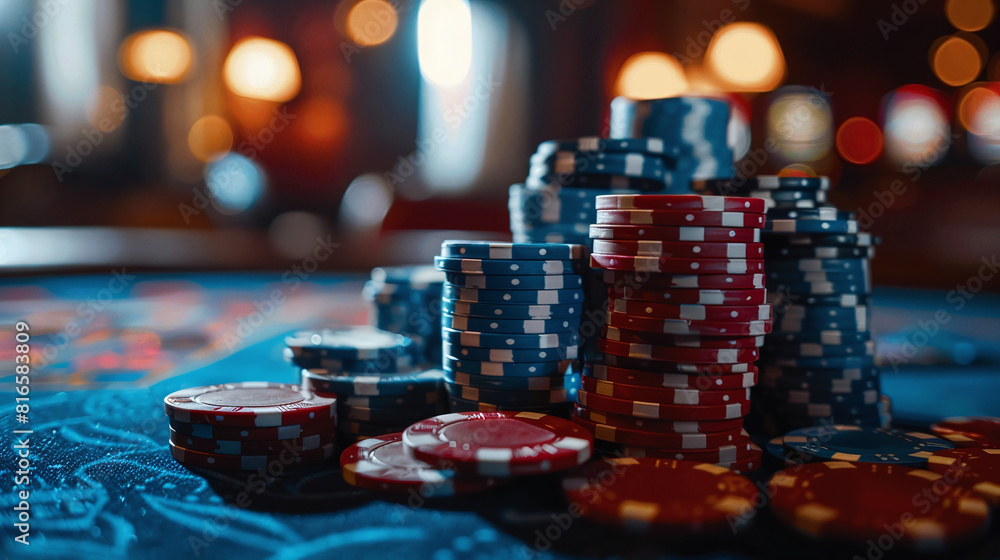 Poker chips lie on a poker table in a club Poker chips lie on a poker table in a club