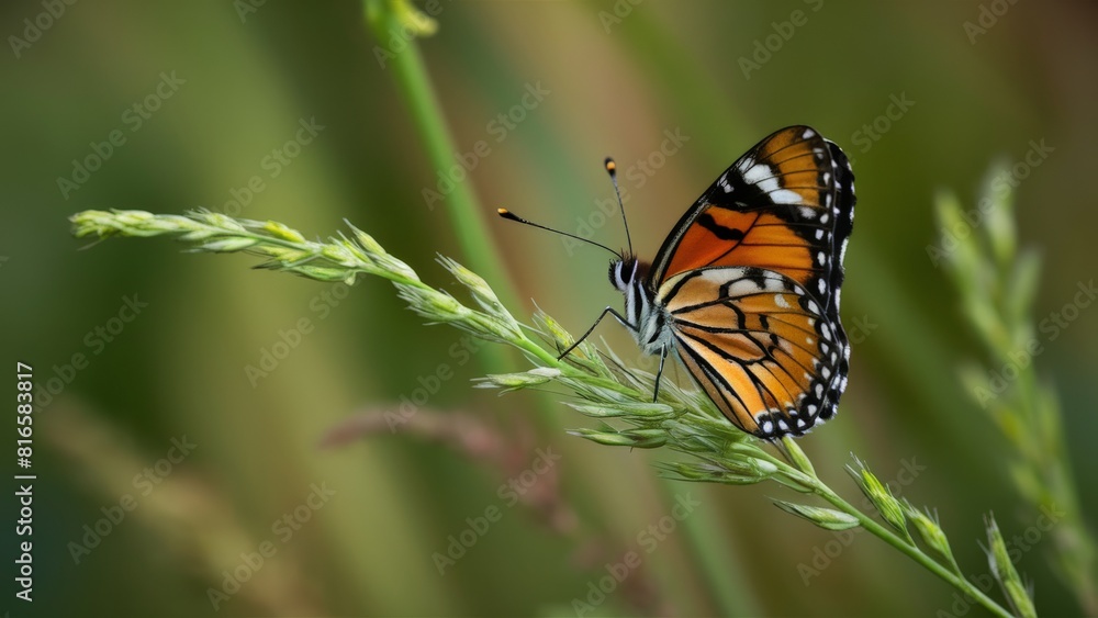 Close-Up of Vibrant Orange Butterfly Perched on Green Grass Close-Up of Vibrant Orange Butterfly Perched on Green Grass