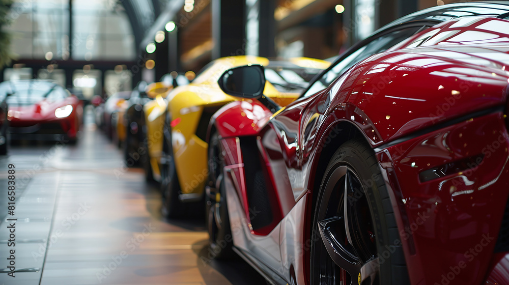 Luxury expensive sports cars stand in a car showroom