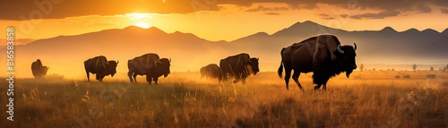 A large herd of bison roam the open range at sunset in the American West. photo