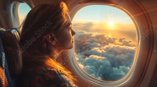 A woman sits in an airplane seat, looking at the view from the window in amazement, Ai generated Images © mohammad
