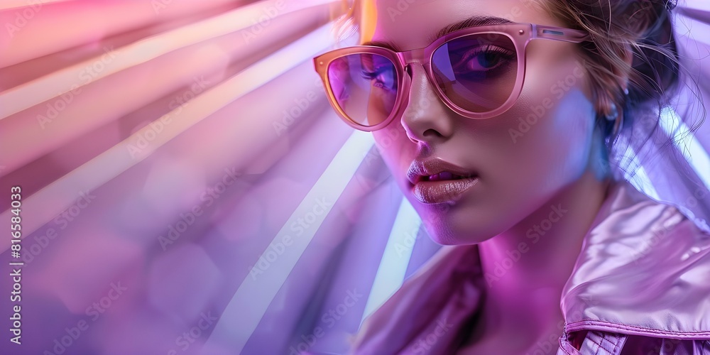 Woman in Neon s Retro Fashion with Sunglasses on Geometric Background. Concept Retro Fashion, Neon, Sunglasses, Geometric Background, Woman Woman in Neon s Retro Fashion with Sunglasses on Geometric Background. Concept Retro Fashion, Neon, Sunglasses, Geometric Background, Woman