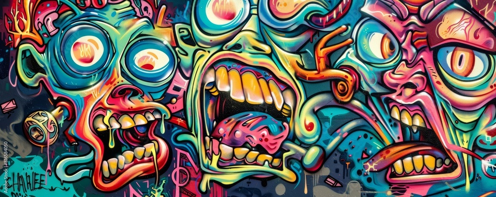 Vibrant street art mural with abstract faces Vibrant street art mural with abstract faces