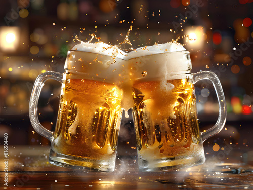 Two mugs of beer in cheers gesture, splashing out. Dark cozy pub background.
