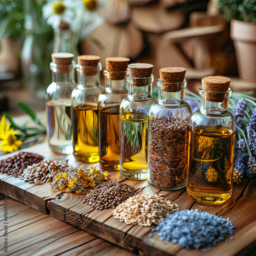 Aesthetic display of various seed oils in elegant glass bottles Aesthetic display of various seed oils in elegant glass bottles
