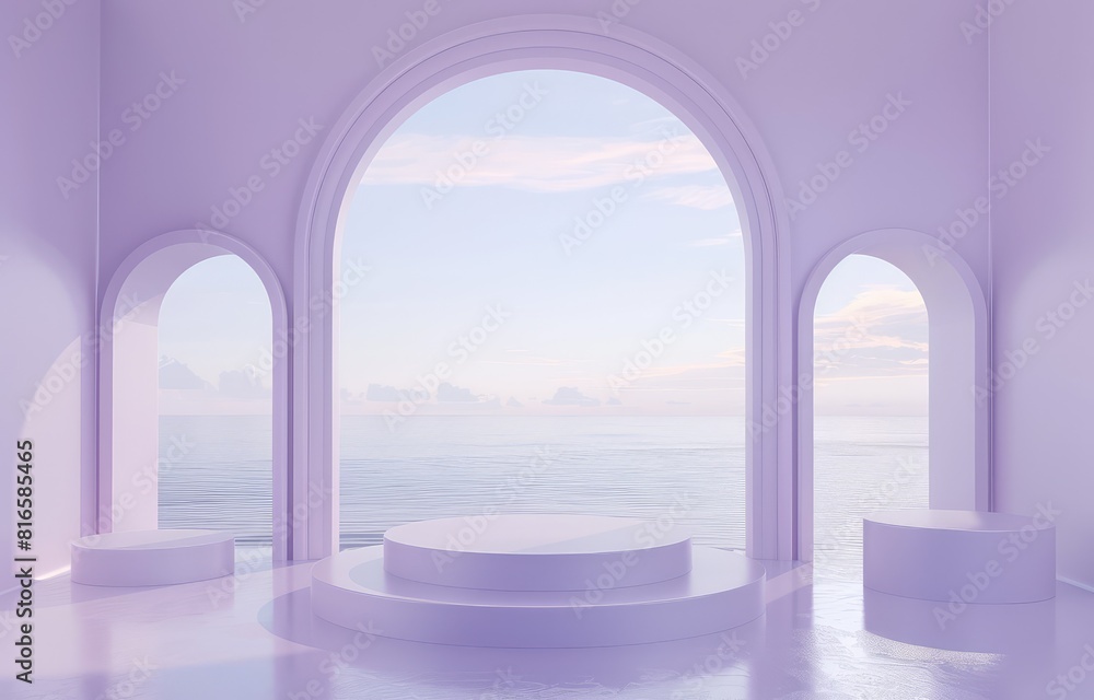 3d render, podium with arch window view to the sea and sky background, pastel purple color