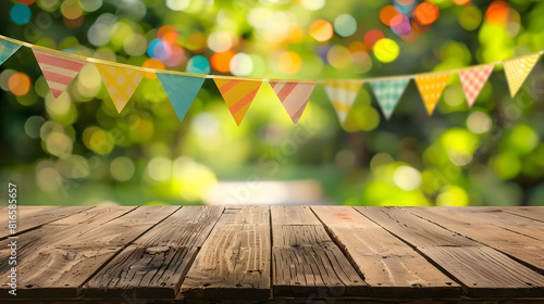 Wooden table top with blurred background of colorful flags for summer party or celebration concept, space for text photo