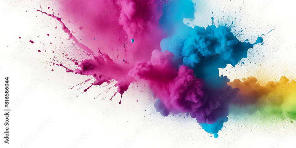 Abstract multicoloured powder explosion on white background. Colorful dust explode. Painted Holi powder festival.