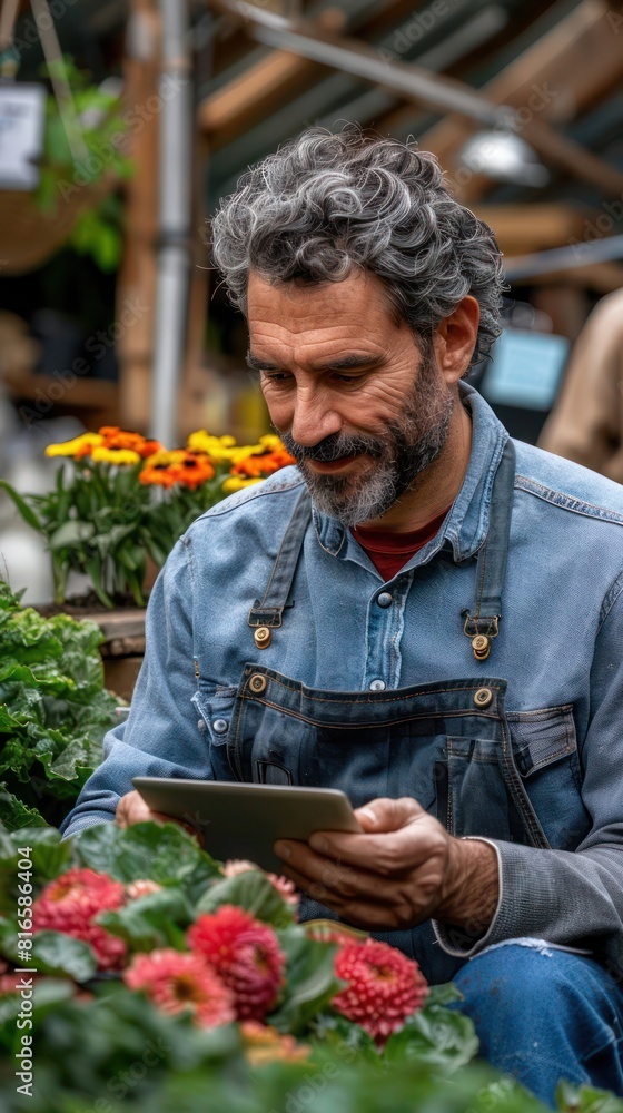 Male and female employees collaborating with digital tablet in garden centre Male and female employees collaborating with digital tablet in garden centre