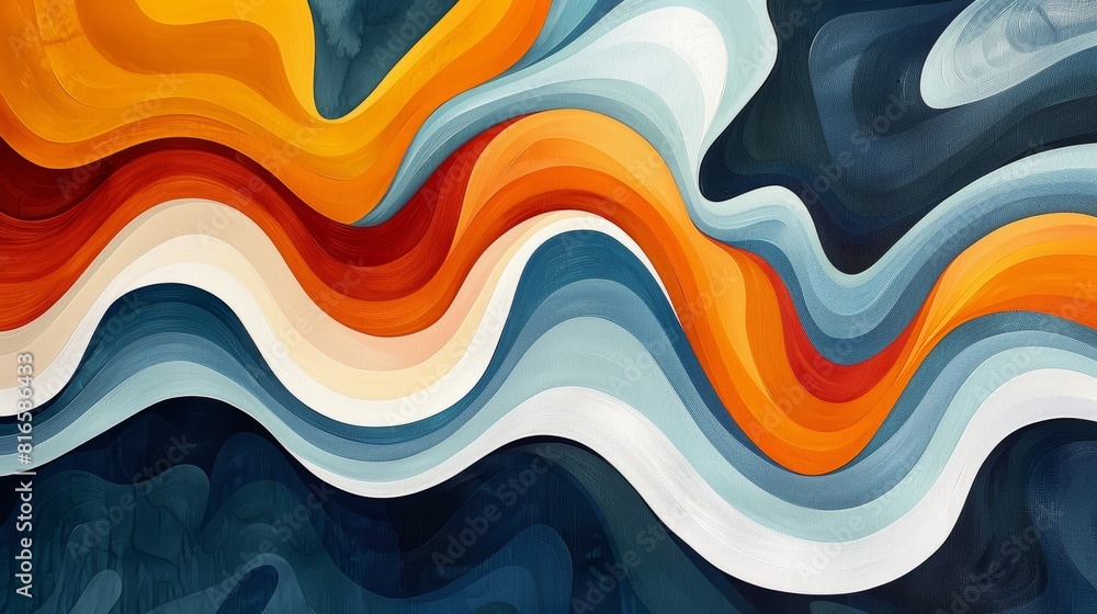 Fototapeta premium Blue and orange waves crash against a dark blue background.