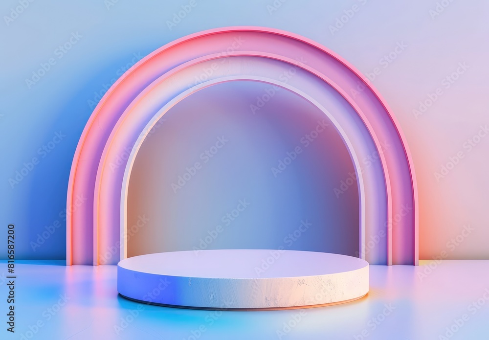 A minimalist podium in front of a gradient rainbow background. The gradient adds depth to the pastel tones, creating a serene atmosphere for product display or presentation. A minimalist podium in front of a gradient rainbow background. The gradient adds depth to the pastel tones, creating a serene atmosphere for product display or presentation.