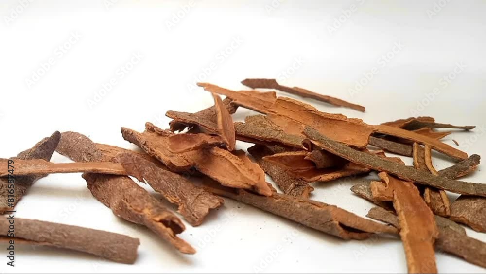 Cinnamon sticks falling on clean white background in the center frame, close up, herbs and spices Cinnamon sticks falling on clean white background in the center frame, close up, herbs and spices