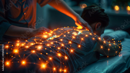 A man during a medical massage lying on a bed, the energy lines and the nervous system is highlighted by orange lights photo