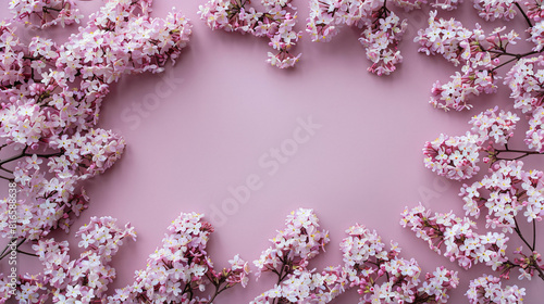 Frame made of blooming branches on lilac background --