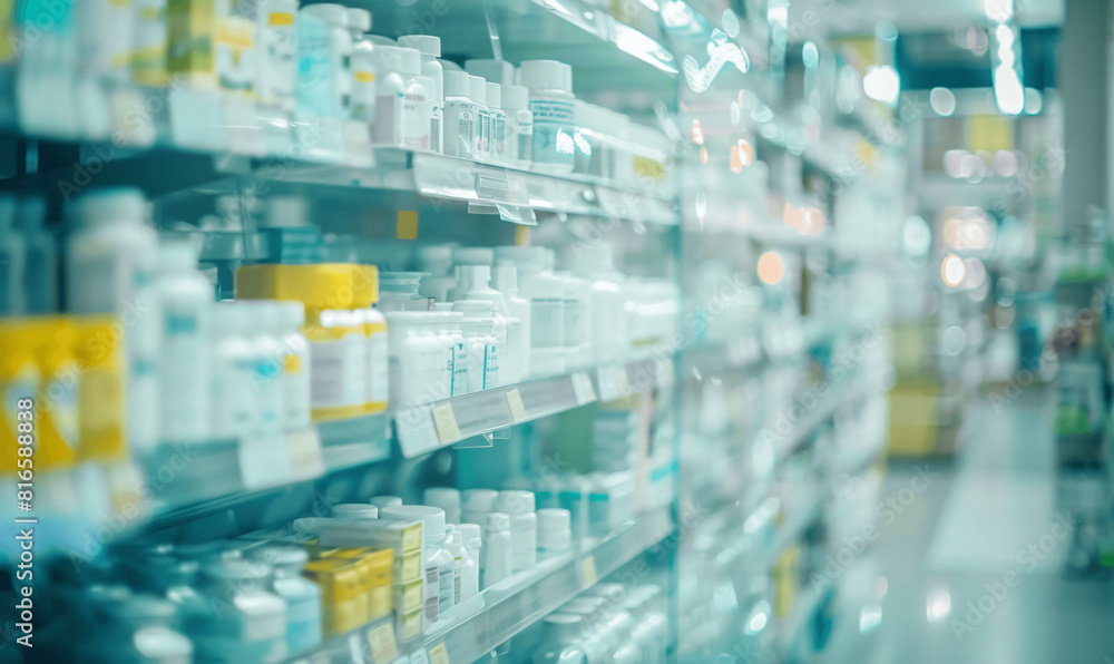 Fototapeta premium Shelves stocked with various medical products in a pharmacy, with a focus on the foreground creating a blurred background effect.