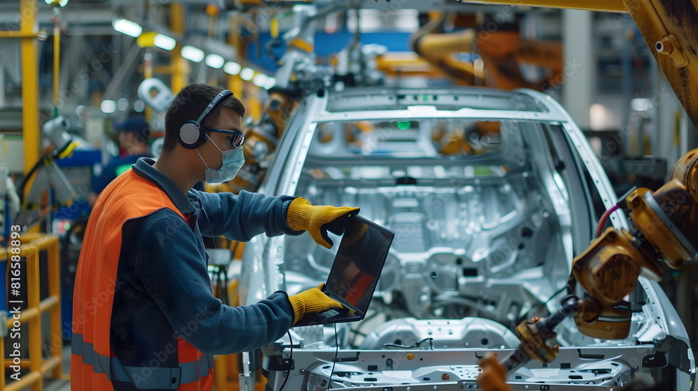 Engineer Quality Control with laptop in a Car Manufacturing Engineer Quality Control with laptop in a Car Manufacturing