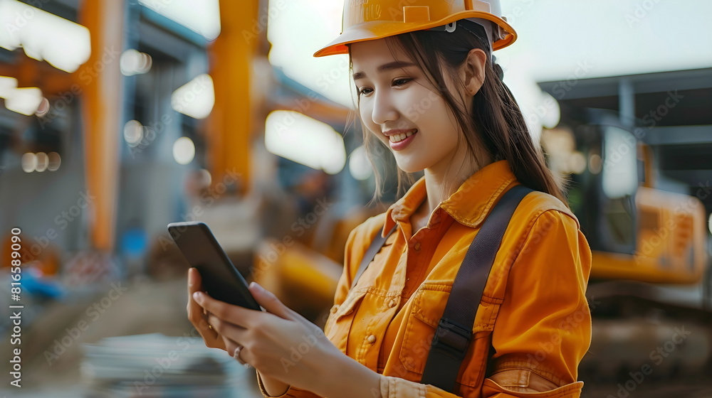 construction female worker using mobile phone construction female worker using mobile phone